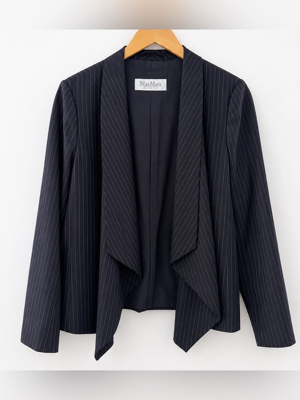 Max Mara Italy Wool Black Pinstripe Draped Open Front Blazer Jacket Women’s 12